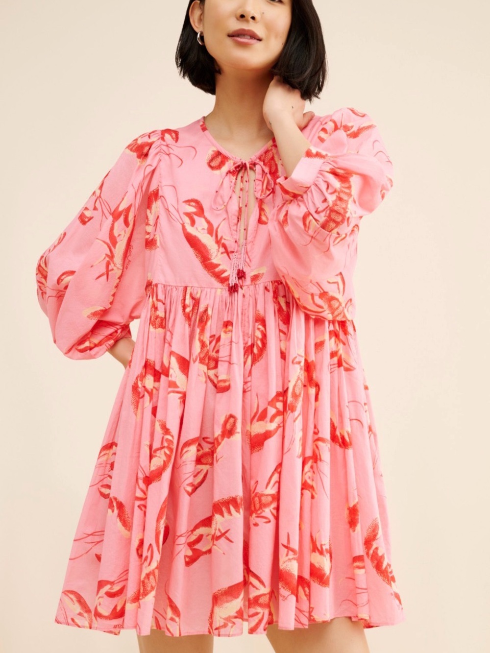 FARM Rio Lobsters Pink Dress with Red Print and Puff Sleeves